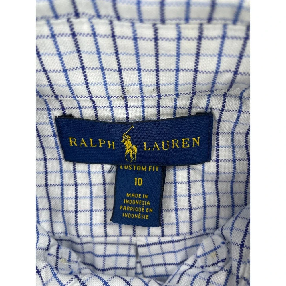 Ralph Lauren Boys Blue White Tattersall Check Custom Fit Button Down 10